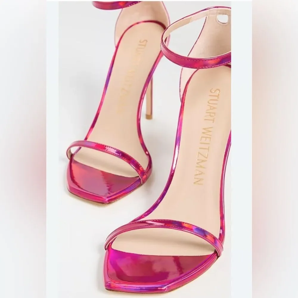 Stuart Weitzman Nudistcurve 100 Metallic Pink Stiletto Square Toe Sandals Sz 7B - Picture 15 of 16